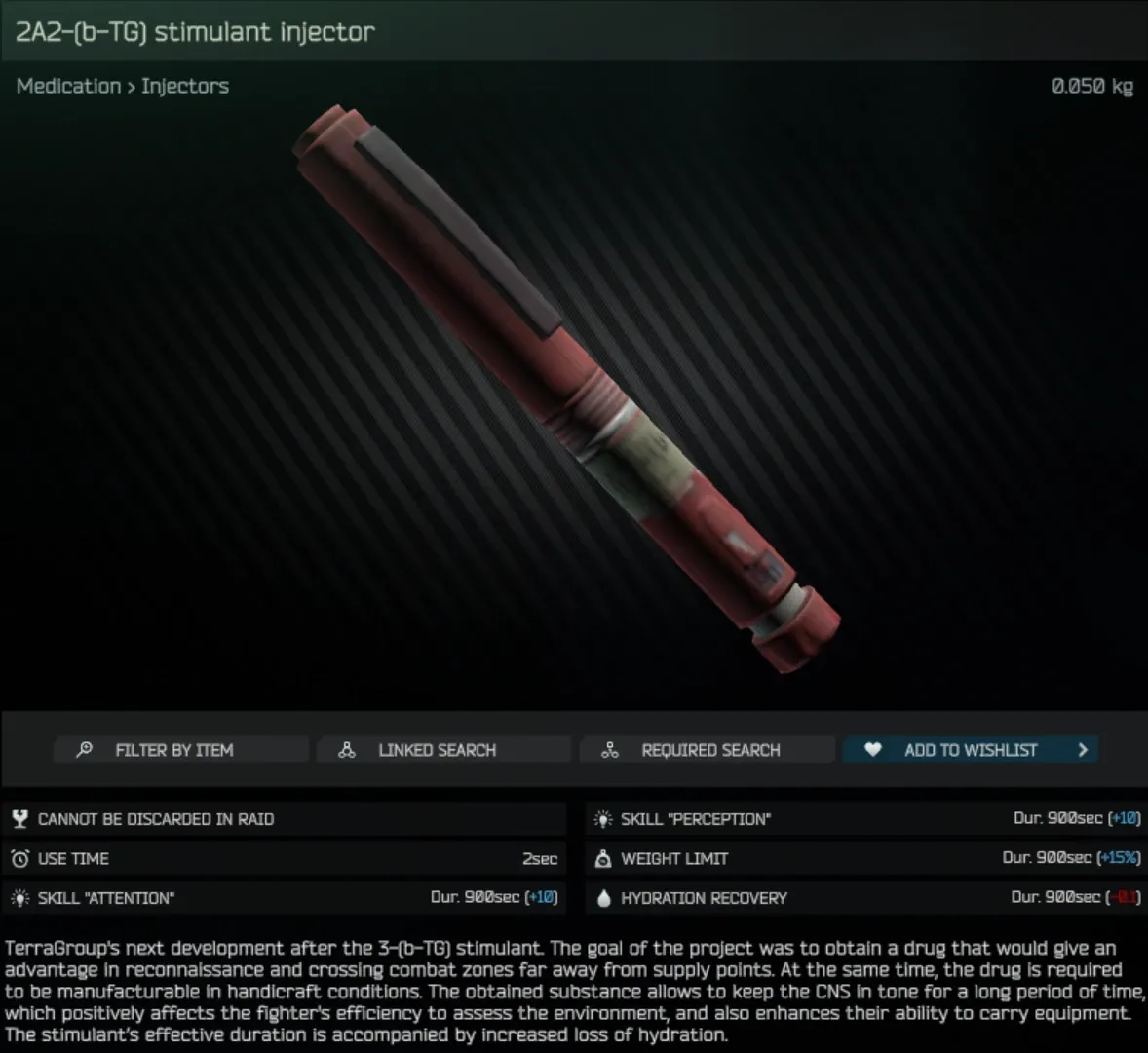 The 2A2-(b-TG) stimulant injector's in-game item screen: a dark red syringe, with an effects panel listing +10 Attention and +10 Perception, a +15% weight limit and -0.1 hydration recovery, all for 900sec.