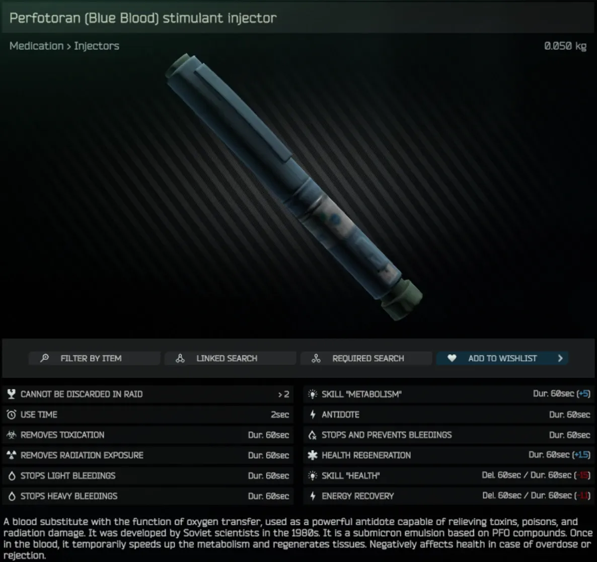The Perfotoran (Blue Blood) stimulant injector's in-game item screen: a blue syringe with an olive cap, with an effects panel listing stops and prevents bleedings, removes toxication and radiation exposure, antidote, +5 Metabolism and +1.5 health regeneration for 60sec, and delayed health and energy penalties.