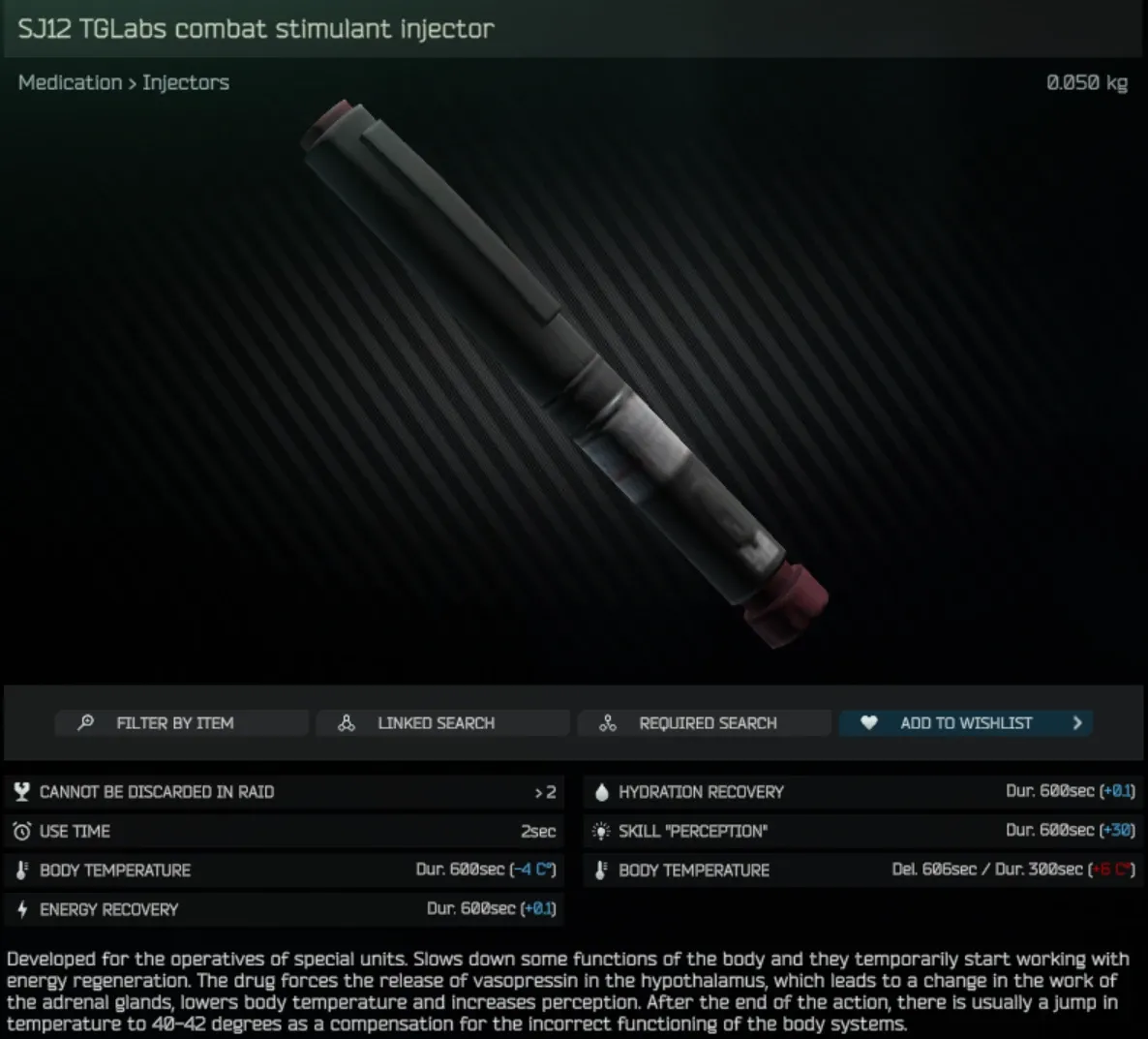 The SJ12 TGLabs combat stimulant injector's in-game item screen: a black syringe with a dark red cap, with an effects panel listing +0.1 energy and hydration recovery and +30 Perception for 600sec, -4 C° body temperature, and a delayed +6 C° spike for 300sec afterwards.