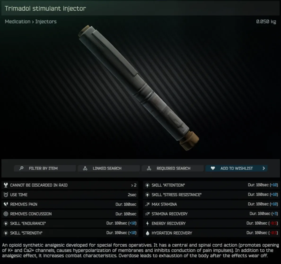 The Trimadol stimulant injector's in-game item screen: a grey syringe with a tan cap, with an effects panel listing removes pain and concussion, +10 Endurance, Strength, Attention and Stress Resistance, +10 max stamina and +3 stamina recovery for 180sec, and -0.5 energy and hydration recovery.